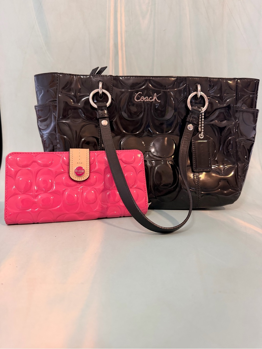 Coach Patent Leather Tote Bag with Pink Wallet
